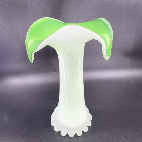 1970s Frosted Green Leaf Shaped Top Glass Vase Vessel Jack In The Pulpit Vintage - Picture 14 of 16